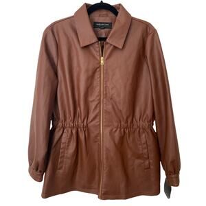 NWT Brown Faux Leather Andrew Marc New York Synched Gold Full Zip Coat/Jacket-L